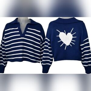 Kerri Rosenthal XOKR Navy & White Striped Heart Detail Cropped Sweater